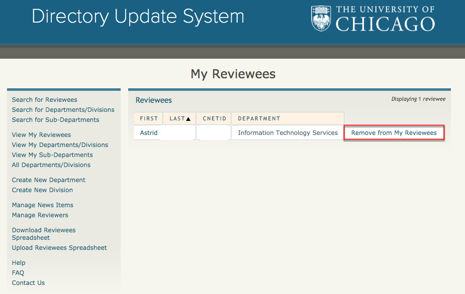 A screenshot of the remove from my reviewees button.