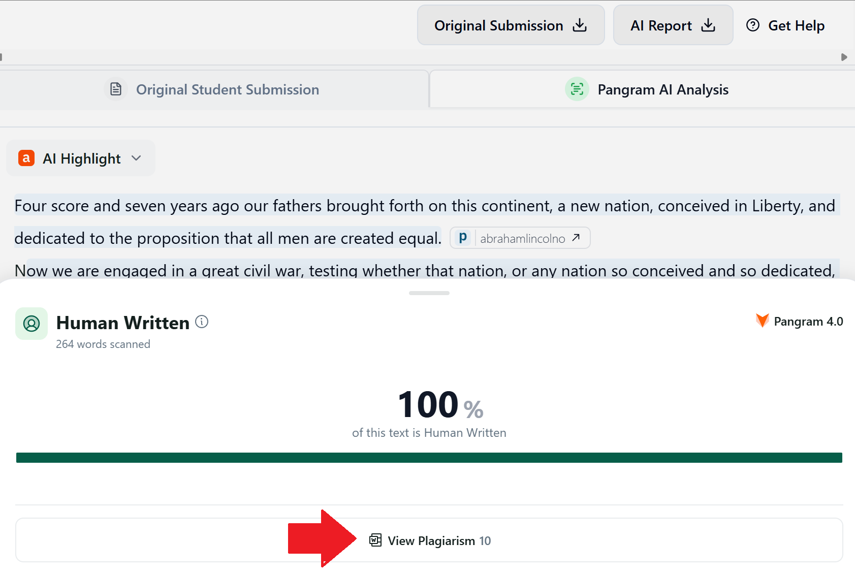 SpeedGrader with View Plagiarism link indicated