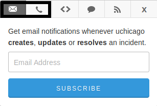 Dialog box for subscriptions: Email subscription button is on the top left, SMS subscription button is immediately to its right