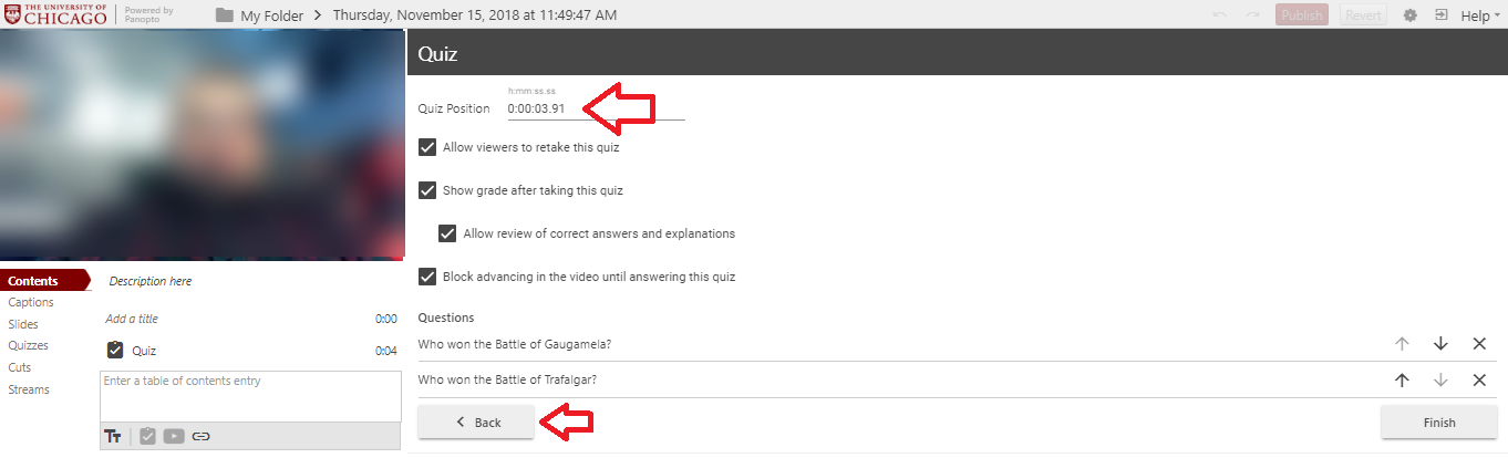 Quick and Back options highlighted on Quiz page