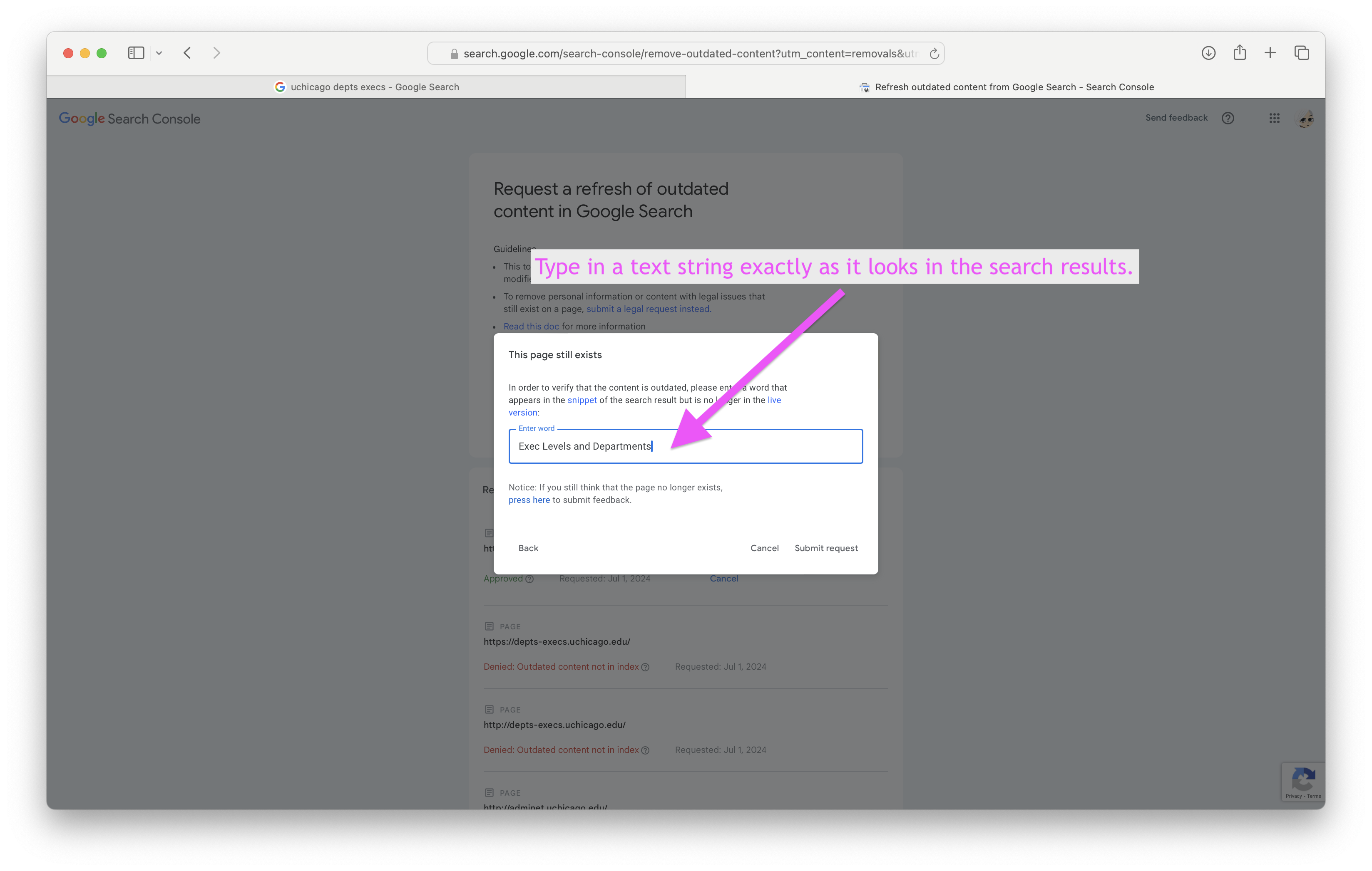 A pop-up appears with title "This page still exists". There is an input in which an exact phrase from the search results in typed in.