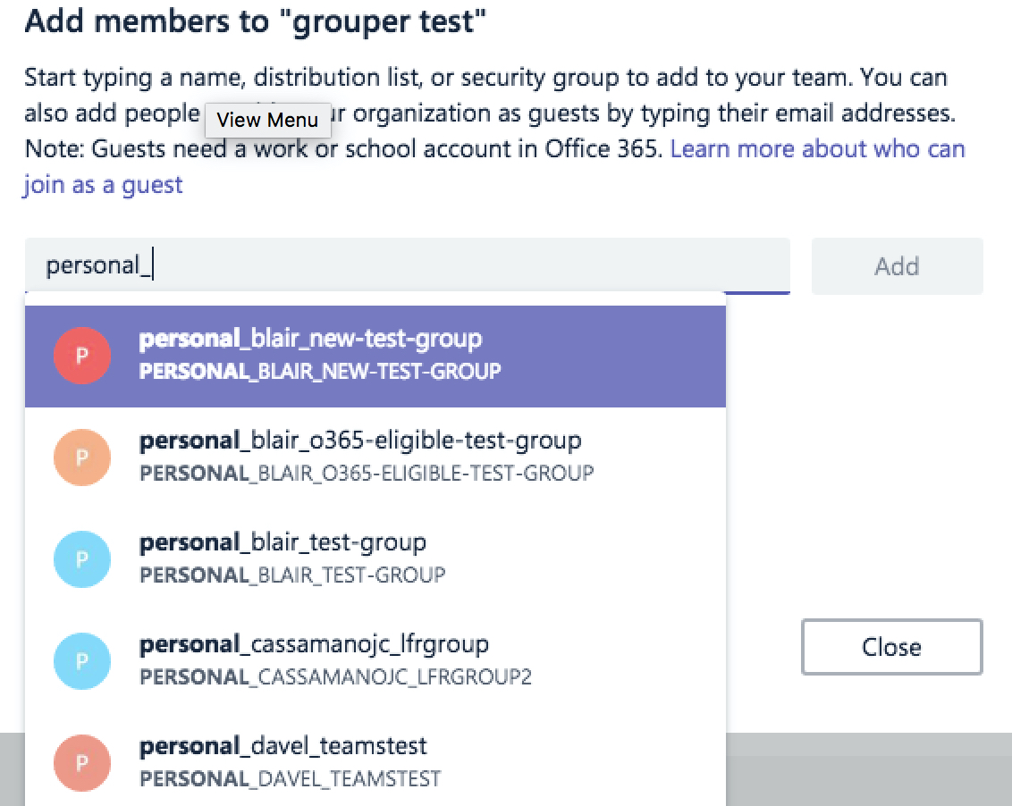 Typing a name, distribution list, or security group  in a searchbar to add to team.