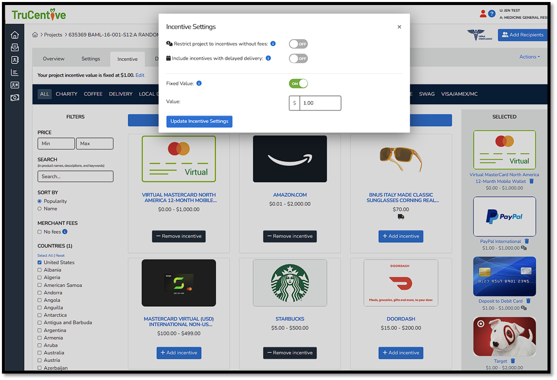 Incentive or payout selection